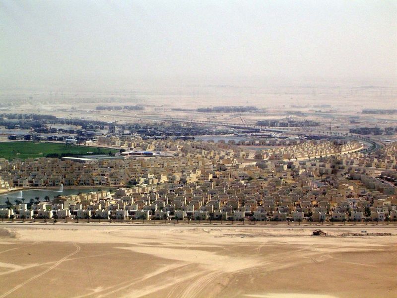 Looking inland from the same highrise vantage point toward what is euphemistically called the Emirates Hills neighborhood.