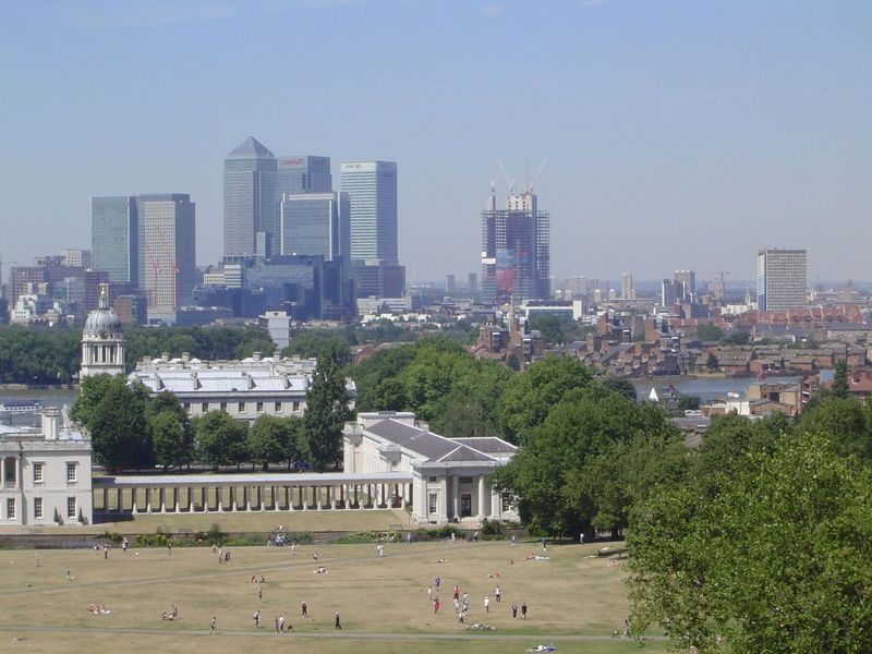 All these buildings set out to catch Canary Wharf, the cluster of highrises developed on the site of the old West India Docks. The view here