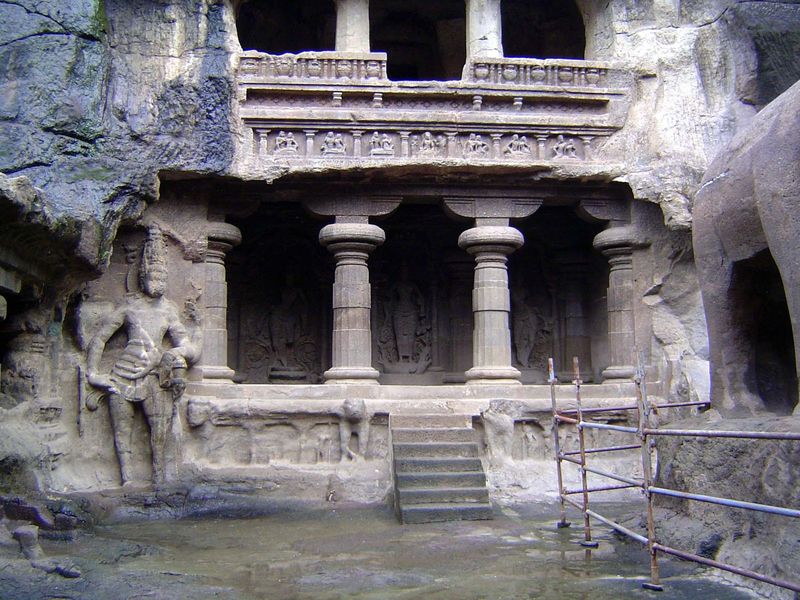 This particular side cave holds a shrine of river goddesses, with images on the rear wall of Sarasvata, Ganga and Yamuna; Ganga can barely b