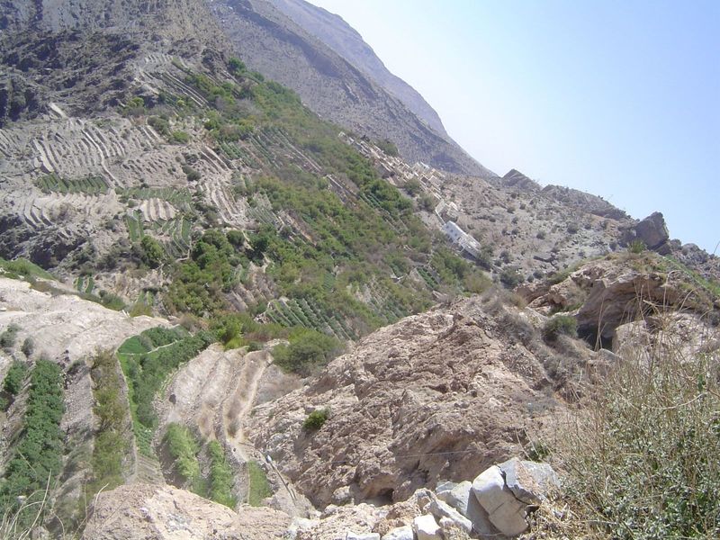 The camera was held over the edge of the precipice and turned toward a lower set of terraces. The result is disoriented but appropriately di