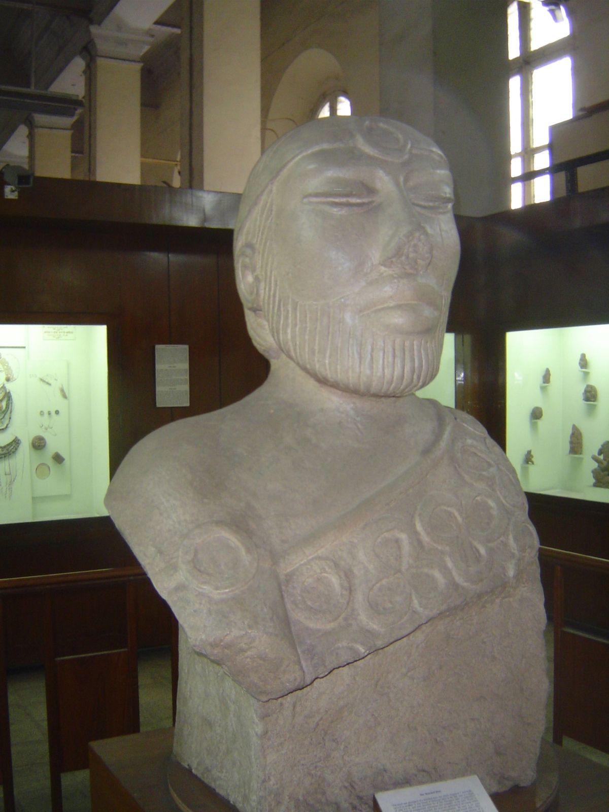 Off to one side, a room with this remarkable bust taken from Mohenjo-Daro, a city of the Indus Civilization, which collapsed before 2,000 B.