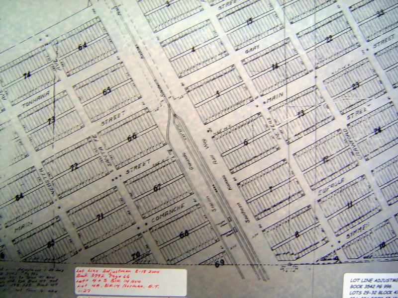 Closeup, with the site of the railroad station not yet built but with four tracks—three more than the surviving one and a good view of the t