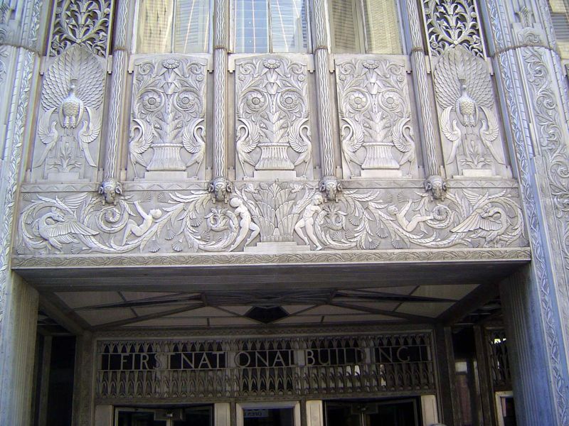 Facade detail. \In The Oklahoman, 3 May 2018, Steve Lackmeyer writes: "Built in 1931 at Robinson and Park avenues, the former home of First 