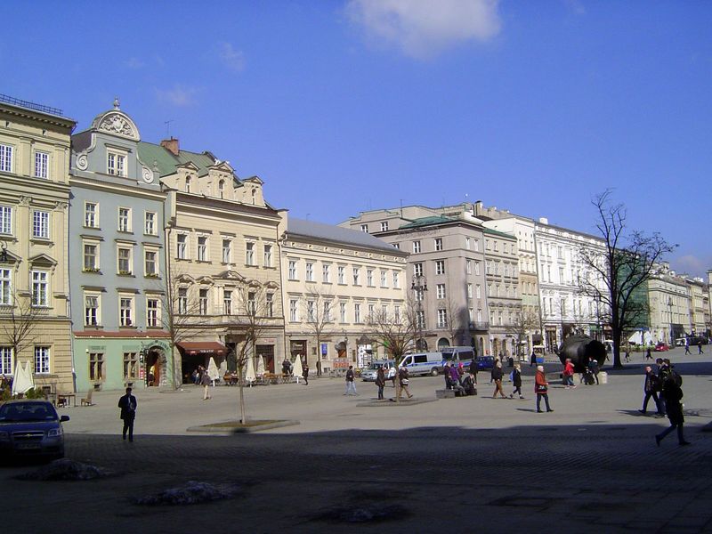 The west side of the square is fronted mostly by former palaces such as the Malachowski Palace, fourth from the left.
