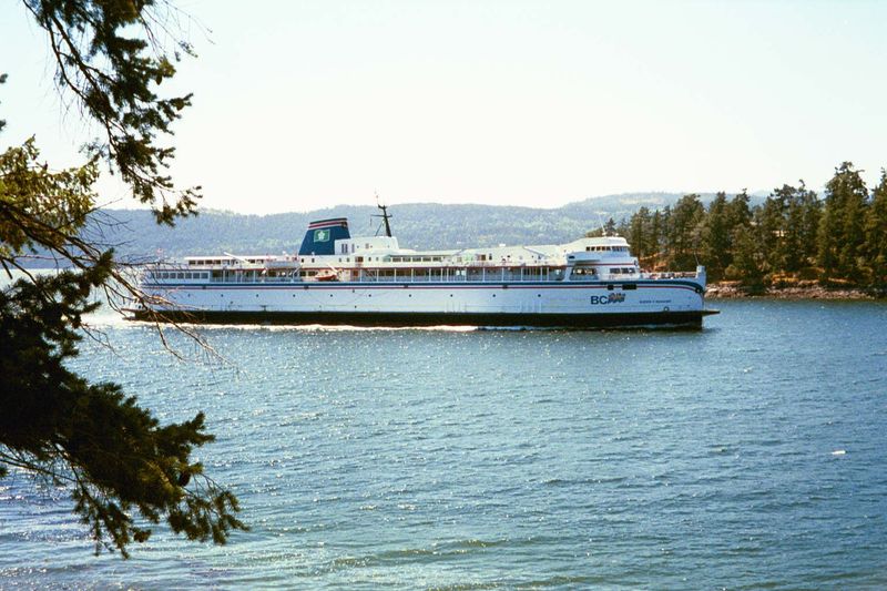 The Vancouver ferry steaming into Long Harbour, a fine anchorage. With traffic like this coming half a dozen times daily, the island is hard