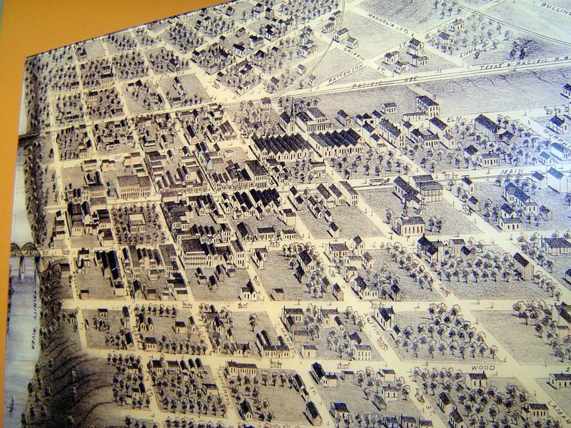 Herman Brosius drew this bird's-eye view of Dallas in 1872. The key to the city's growth is not the Trinity River, already crossed by two br