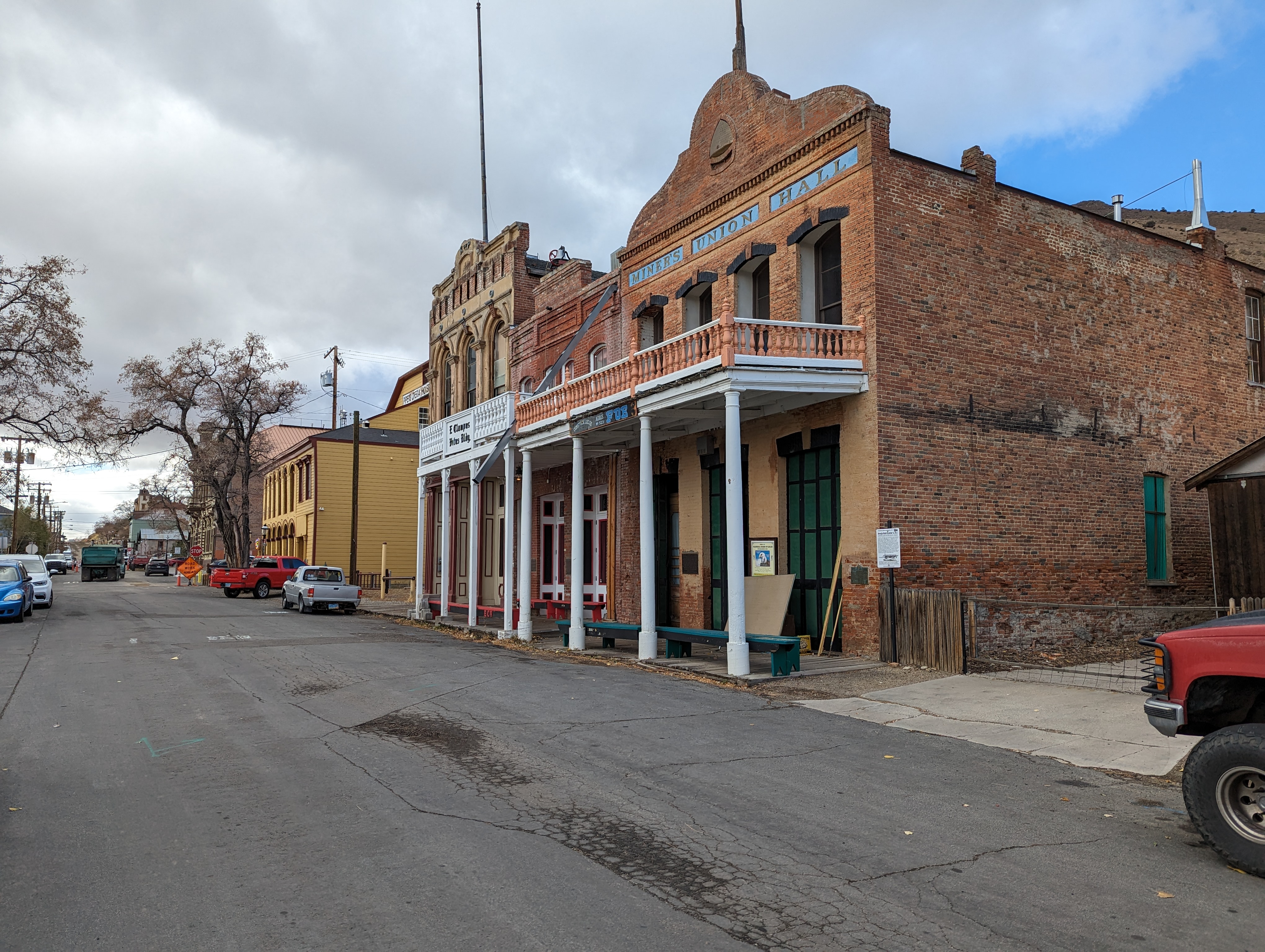 Three fraternal organizations banding together.  From left to right, the Miners' Union Hall, the Knights of Pythias, and the Odd Fellows.