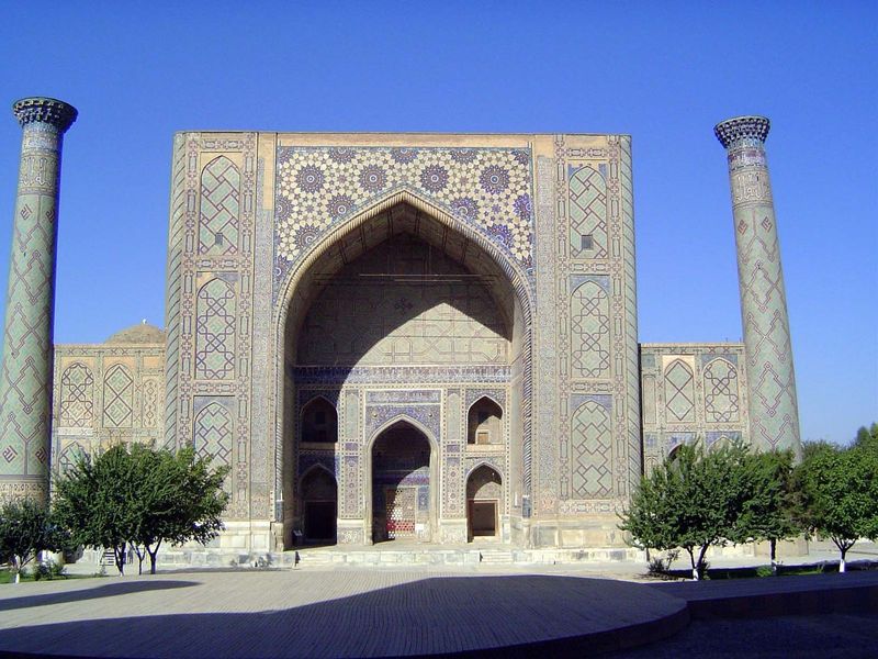 The Ulug Beg madrasa is decorated with the stars often found in Ulug Beg's works—not surprising, given his deep and scholarly interest in as