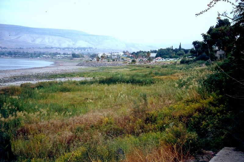 Kinneret was very low in 1999, when this picture was taken near the outlet. In the background: the hills of the Golan Heights.