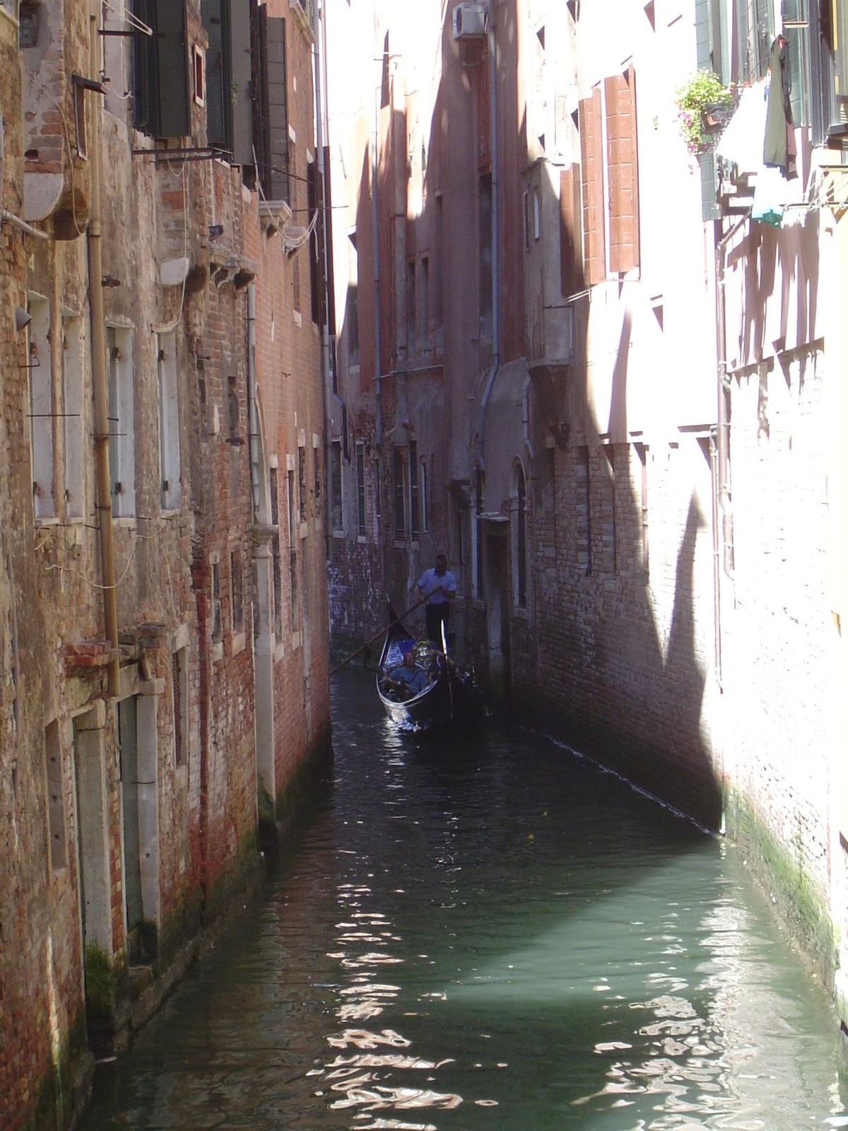 A gondola emerges from the shadows and dapples.