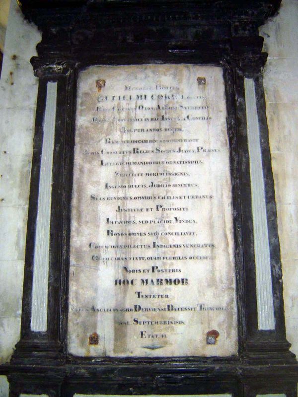 A few of the older memorials are in Latin, like this one for William Coke, Puisne Justice of the Supreme Court. Coke had just arrived for th