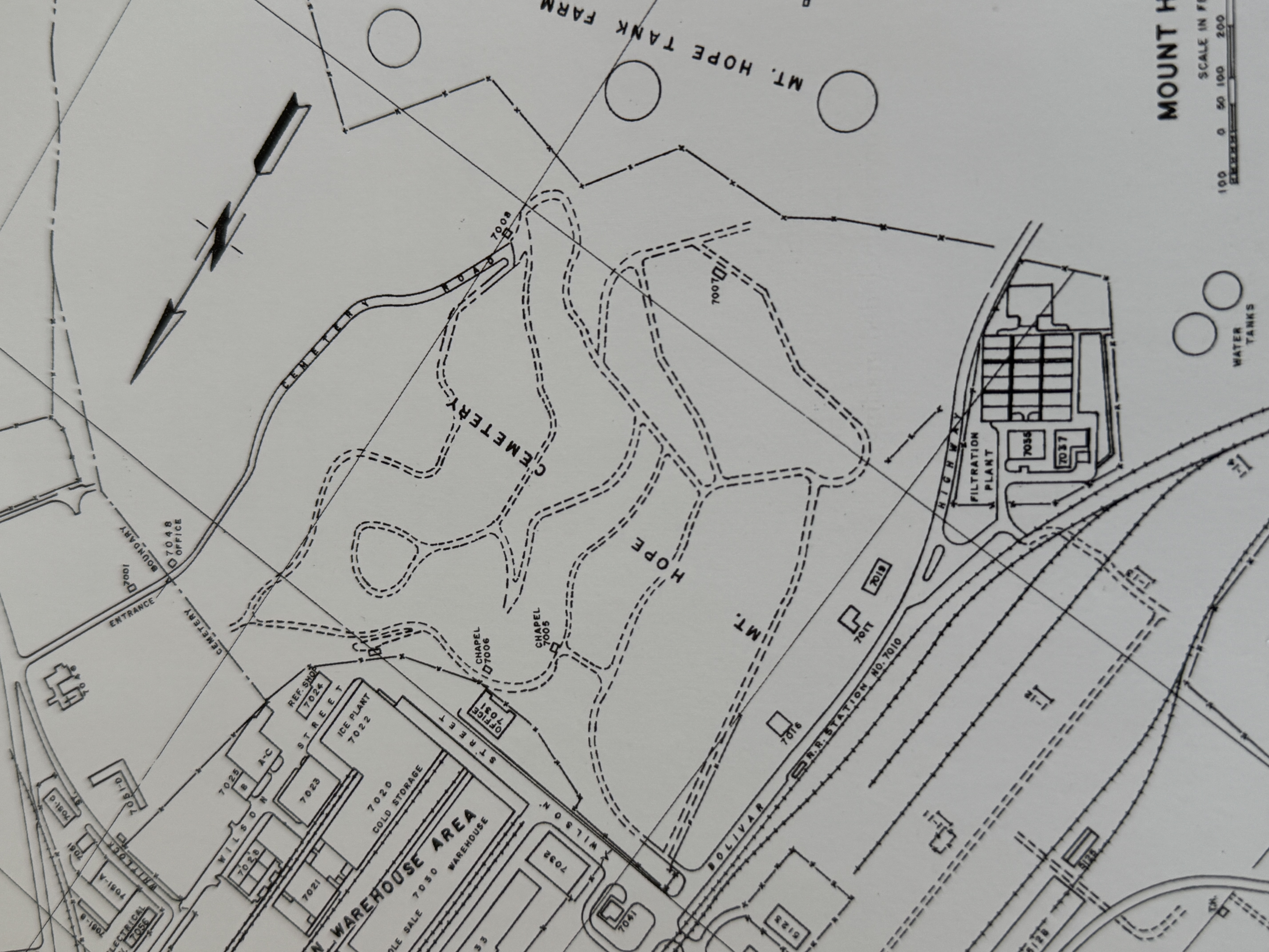 Let's go over to the town's Mt. Hope originally Monkey Hill Cemetery, its bucolic layout embedded in industrial land. Edith Crouch, Architec