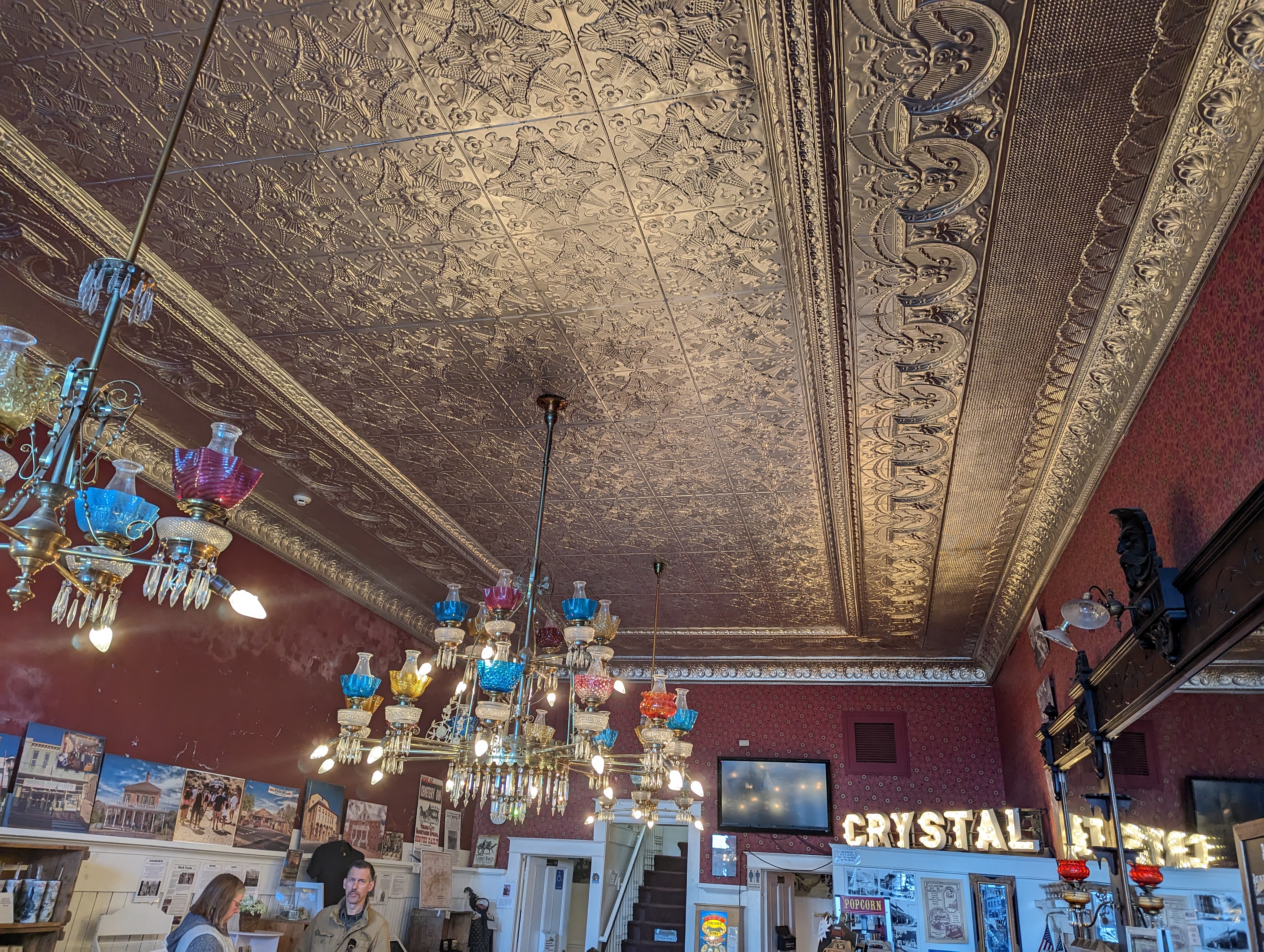 The pressed-tin ceiling of the Crystal Bar was moved down the street about 50 yards to the town's visitor center.