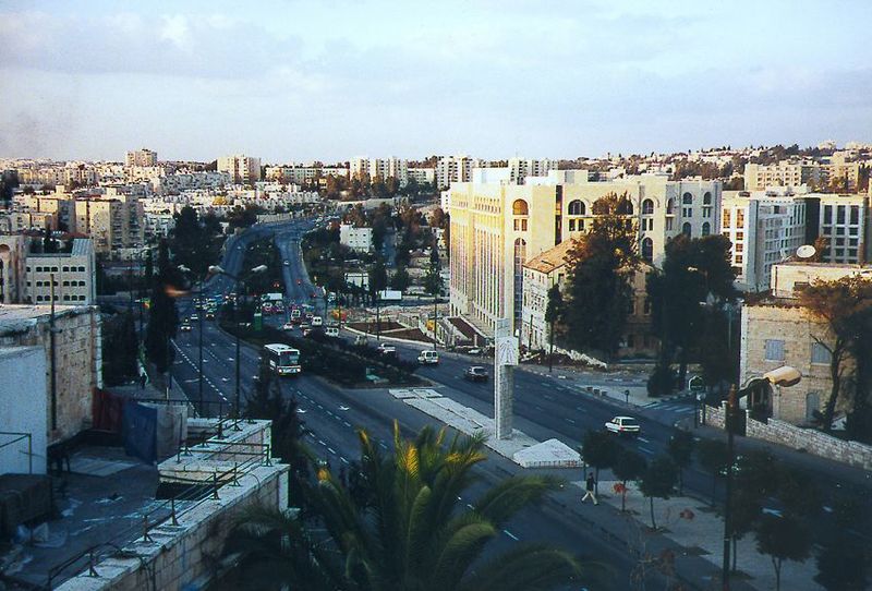 The Nablus Road, emerging from the Damascus Gate on the north side of the Old City, marks part of the line between East and West Jerusalem. 