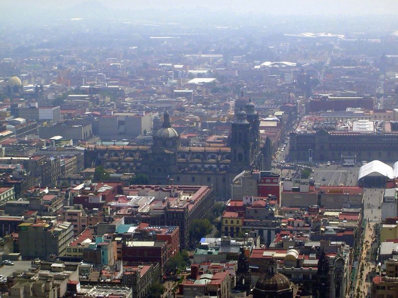 A closer view of the cathedral. Behind it and to the left is the archaeological museum on the site of the Aztec's Templo Mayor, whose stones