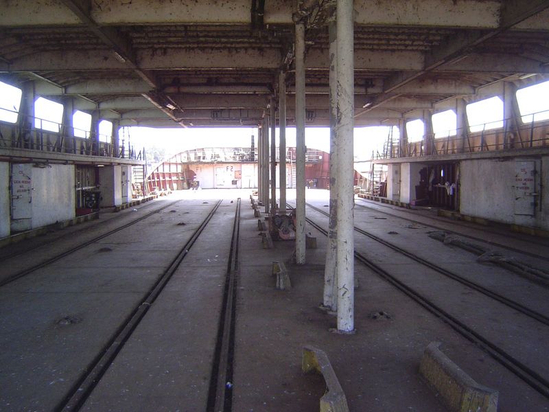 Here's the view in the other direction. Presumably the ship would normally have docked in the other direction so rail cars could roll onto t