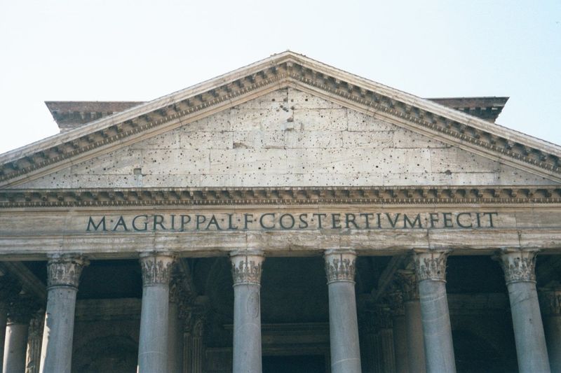 The ancient inscription is Hadrianic self-effacement, because it reads Marcus Agrippa, L.F. Cos. Tertium Fecit, meaning "Marcus Agrippa, son