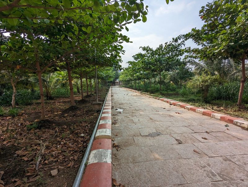 West into the temple grounds.