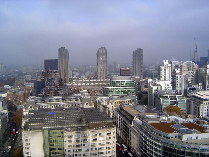 The view north to the three towers of the Barbican Estate, London's first experiment with highrise apartments.