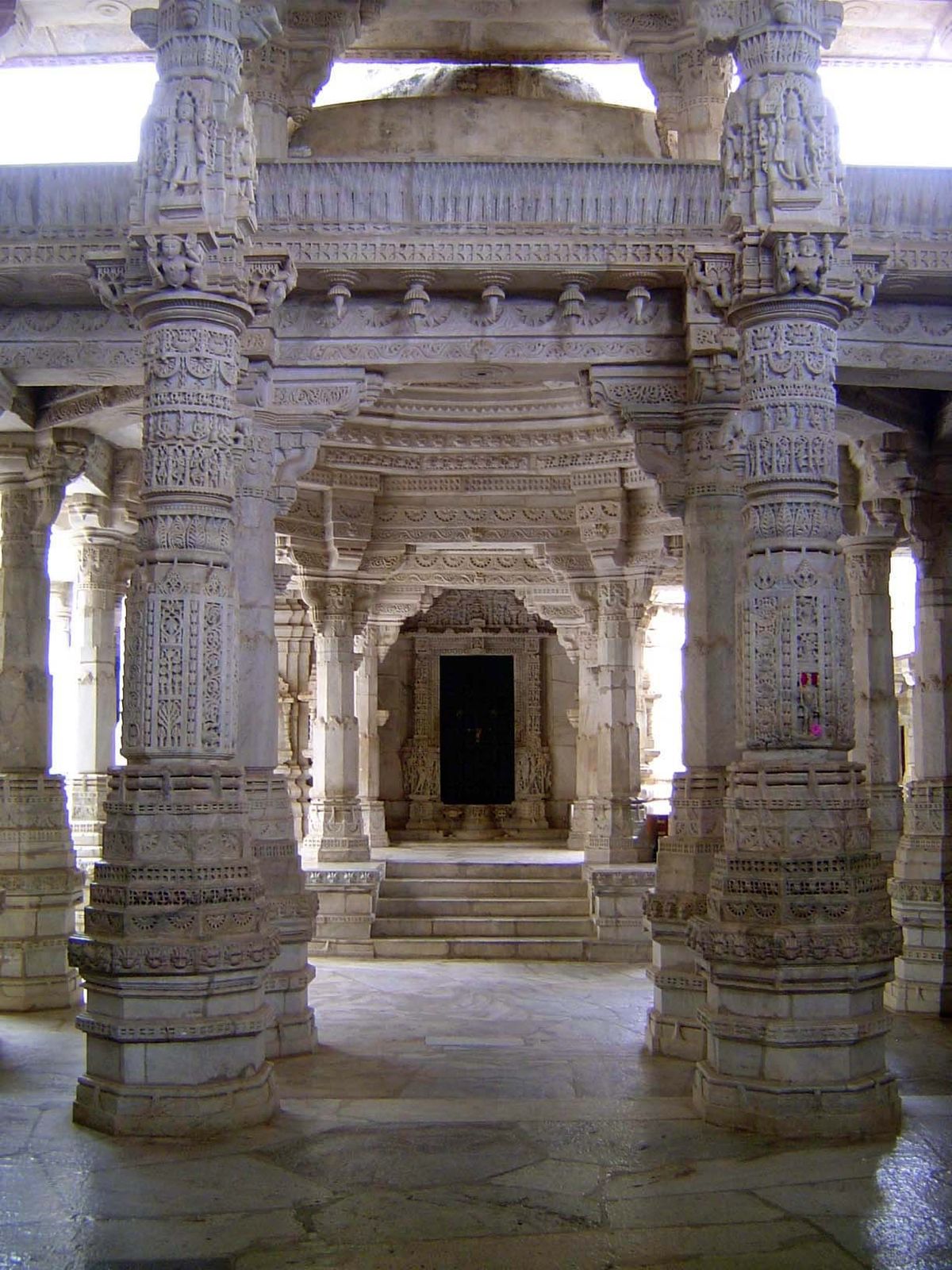 The less grand eastern approach to the central shrine. Note the ganas or pot-bellied dwarfs supporting the capitals; like many of the temple