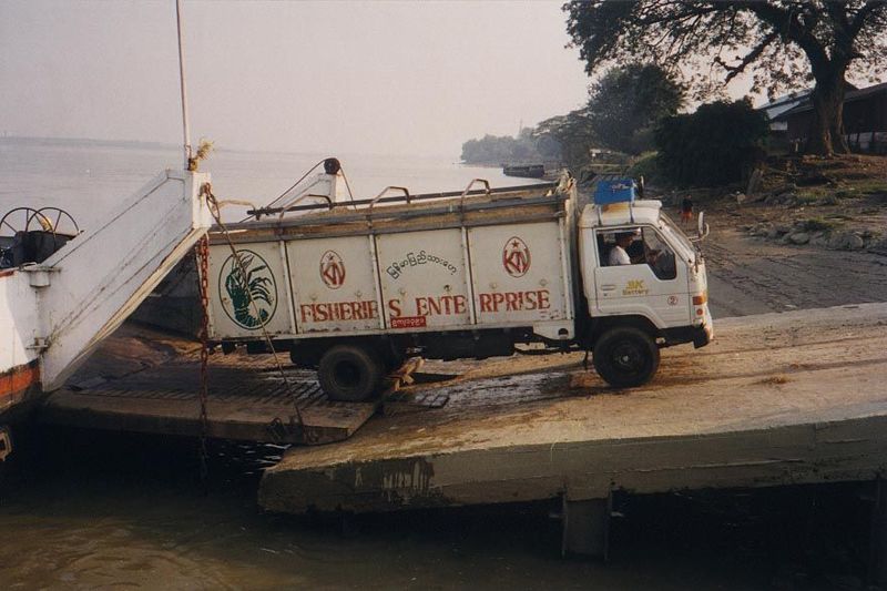 At low tide, the ferry was almost at the end of the ramp, and the truck made half a dozen runs before it made it up, pulled by another truck