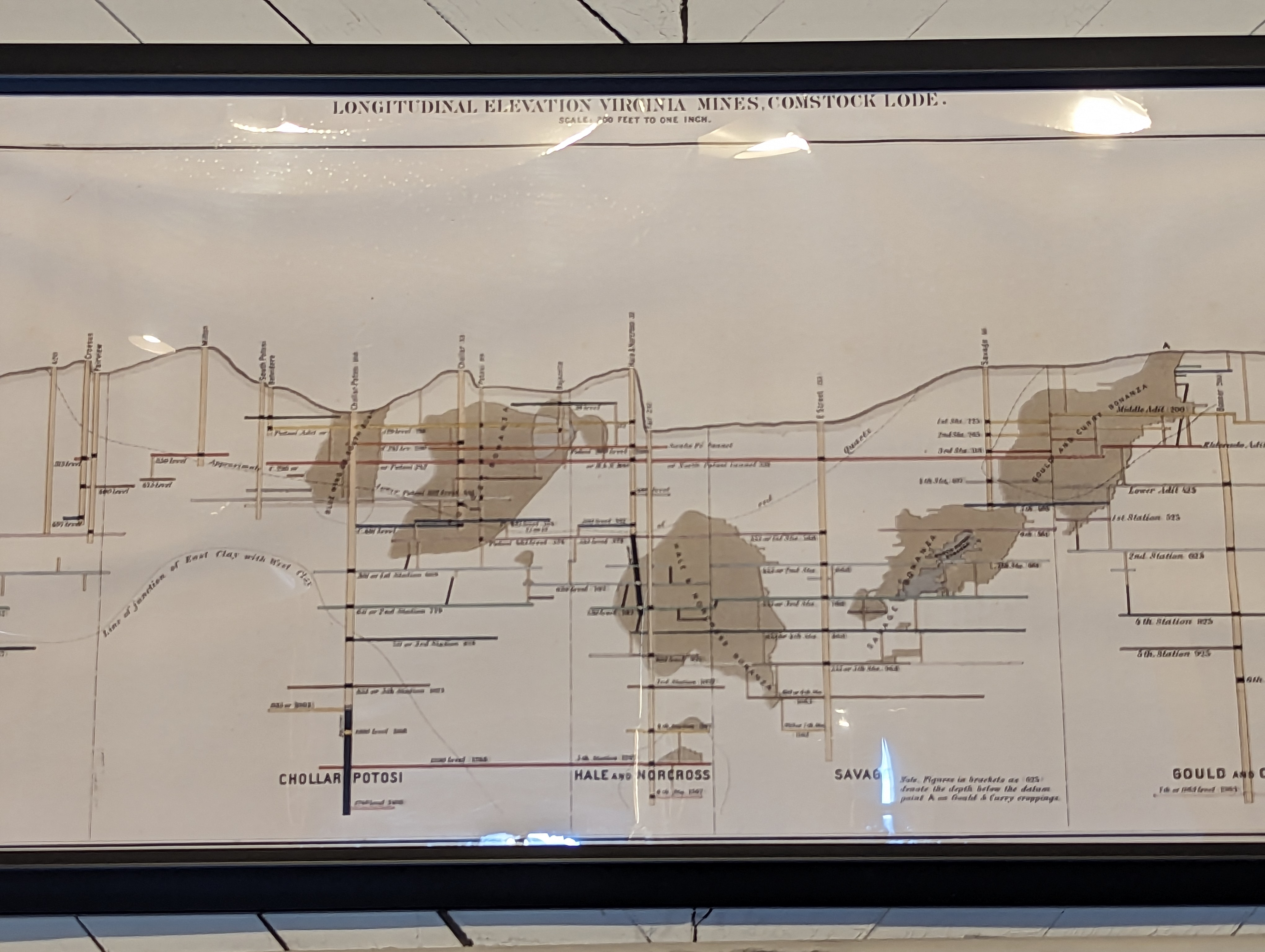 Time to look at the reason Virginia City exists.  Here, from the Fourth Ward School, is a wall map of some of the silver blobs.  The biggest