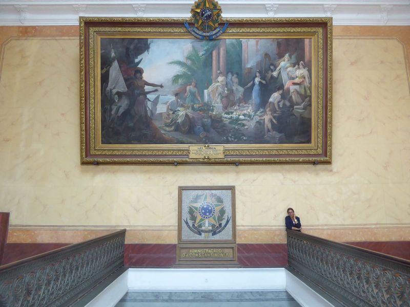 At the top of the stairs there's a painting from 1888. Called the Redemption of the Amazon, it's by Francisco Aurelio de Figueiredo. The sma