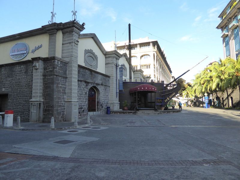 A hole in a fake hull leads to the Port Louis casino.