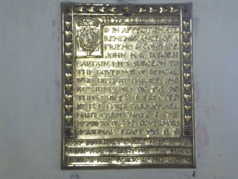 Who else is remembered, besides tea planters? Civil servants, of course. Here's a memorial to Governor Thomas Gibson-Carmichael's surgeon, w