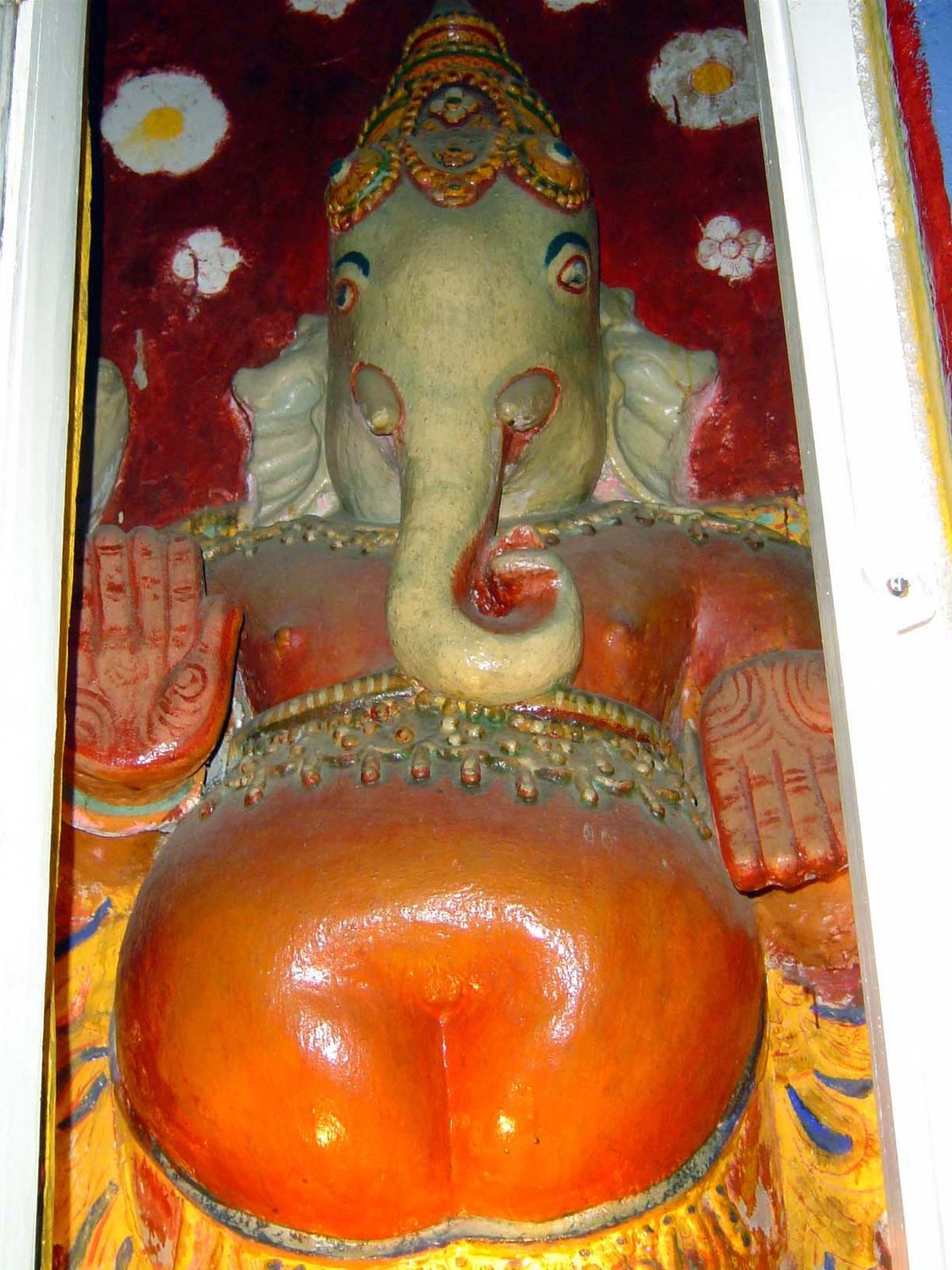 Just around the corner from him is a friendlier Ganesh. All the images are said to be original, though freshly and extravagantly painted.