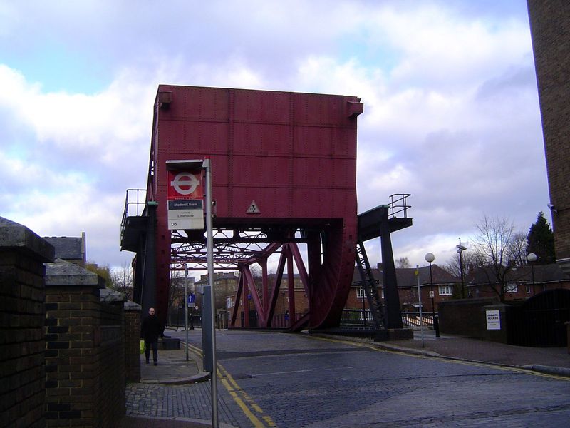 A rolling-bascule bridge over the entrance to the Shadwell Basin.