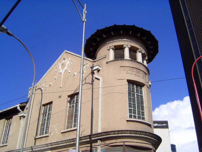 Purged of Boer stylistic traditions, this is Rosenberg's Building, at the corner of Market and Diagonal.