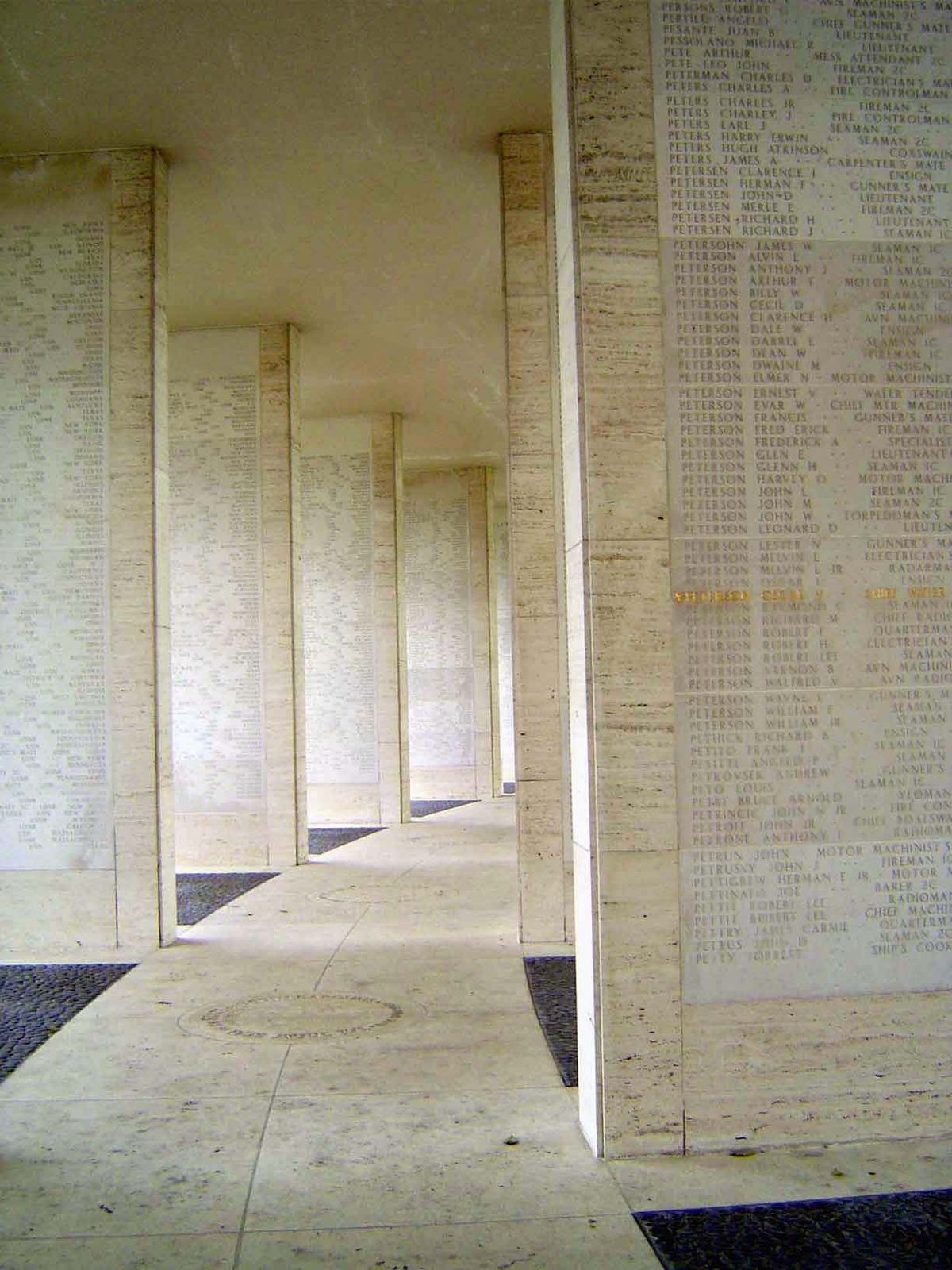Reminiscent of the Vietnam Memorial in Washington, D.C., each hemicycle has 24 pairs of fin walls, and they carry 36,285 names.
