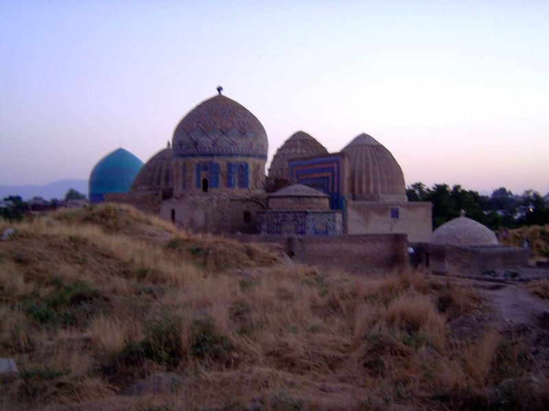 The same group at a softer time of day. On the left is the blue dome falsely called the tomb of Qazi-zade Rumi 1425. In the distance are the