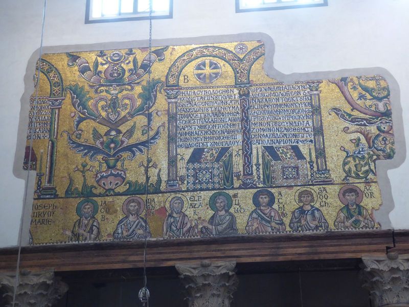 The figures at the base are the ancestors of Jesus according to Matthew reading from right to left, Axor, Zadok, Achim, Eliud, Eleazar, Matt