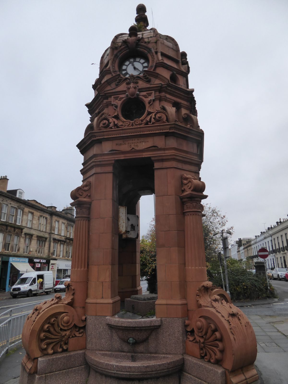 There really is a fountain close to Fountain House. It's the 1896 Cameron Memorial Fountain, made of granite and Doulton Ware.