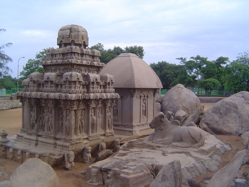 A view from the other side of Draupadi and the so-called Arjuna Ratha, really a Shiva temple, as indicated by the resting bull behind it. On
