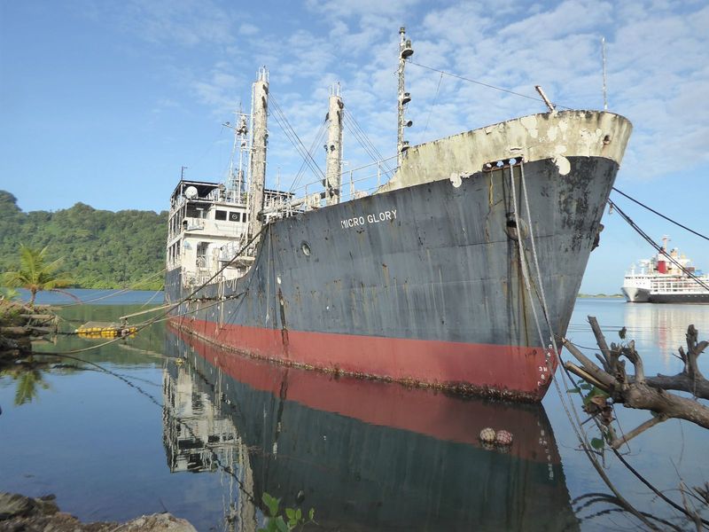 Lots of ships are tied up more or less permanently in the waters of Pohnpei. Here's the Micro Glory, built in 1978. Jeannine Talley, in Lure