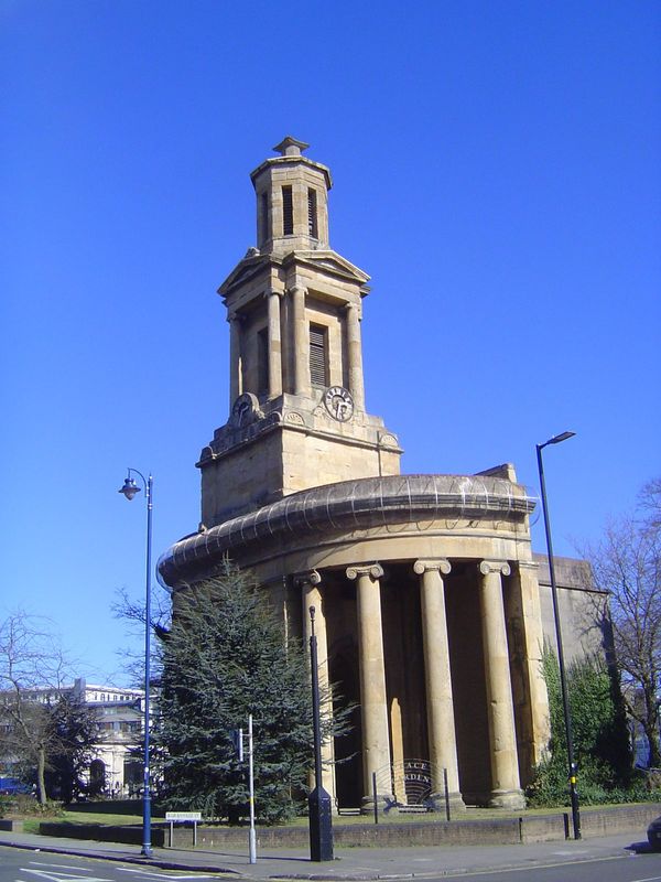 St. Thomas, built in 1829, was bombed in 1941, which left only the west end, minus its ball and cross.

George Yates, in his Historical and 