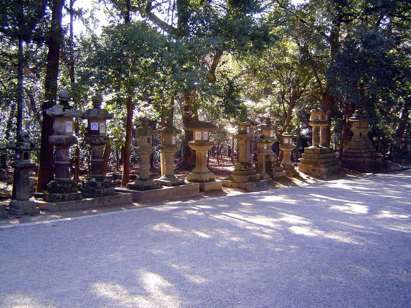 The approach passes some 3,000 stone lanterns, lit twice yearly on February third or fourth and August fourteenth or fifteenth.