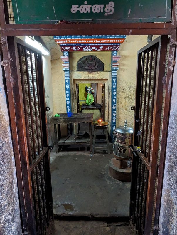 The center of the passage leading through a gopuram has vestibules or recessed entrances to stairs leading up into the tower; often, as in t
