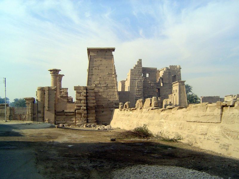 A mile farther west, and off the main road, this is the entrance to Medinet Habu, seen here from the north side. In the center is the pylon 