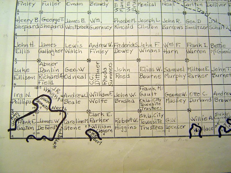 A modern map, compiled in 1960 by the Oklahoma County Clerk, showing the patents or federal deeds that were issued for the same township aft