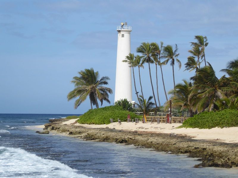 We can mentally manhandle the quadrangular island into a clockface. Here we are 20 miles west of Waikiki and at an imaginary seven o'clock. 