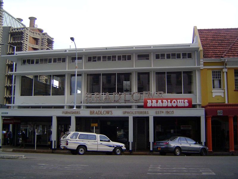 Perhaps the most startling of these buildings is Bradlow's, from 1938. The architect was Lynn Driver-Jowett.