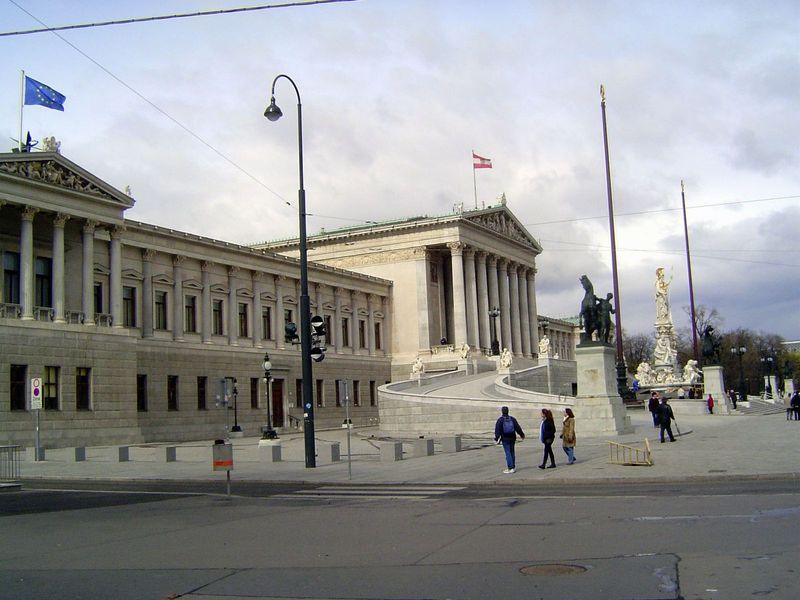 Close by the Gothic city hall, this is the neoclassical Parliament of 1883, designed by Theophil von Hansen, a Dane who had worked—no surpri