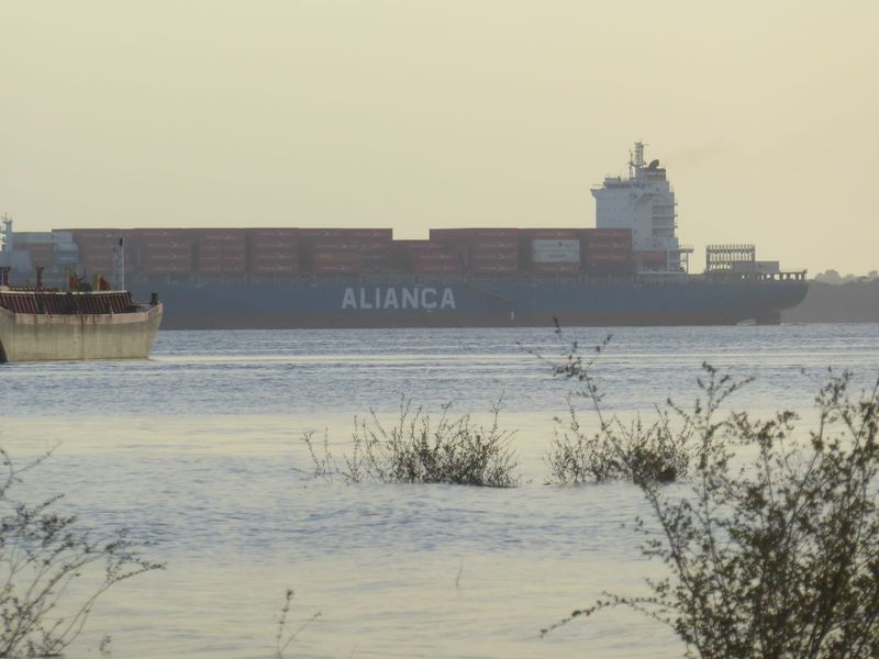 Stuff made in the assembly plants goes out in container ships like this one, property of a company running weekly service north to Panama an