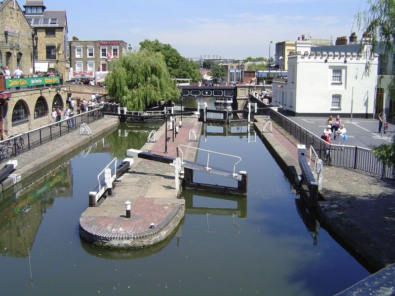 This is the view a few miles upstream at Camden Town, near the Hampstead Road Lock. Although now only recreational, commercial barges drawn 