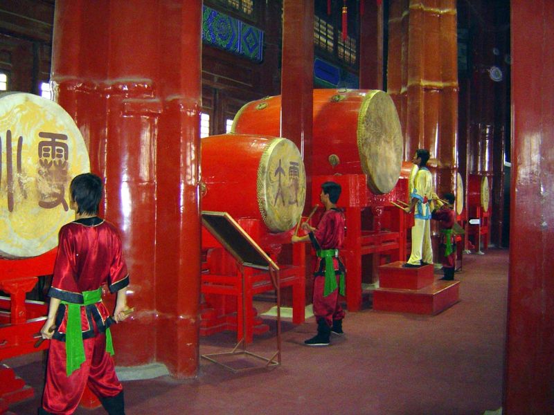 The drums themselves were destroyed by foreign troops during the Boxer Rebellion. These are replacements: a master drum and several slaves.
