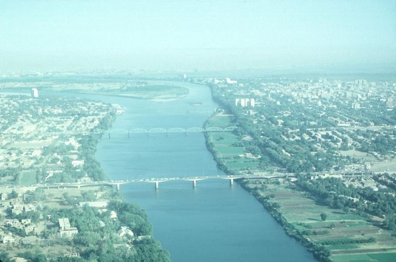 The Blue Nile at Khartoum. The river, flowing from the bottom of the picture, splits around Tuti Island and then joins the White NIle.. Khar